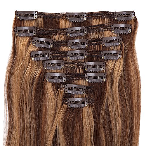 Elailite Extensiones de Clip de Pelo Naturel Remy Cabello - 25 cm 110g #4P27 Marrón Medio Mecha Rubio Oscuro [Max Grueso] 8 Piezas Mecha Humano Human Hair Double Weft