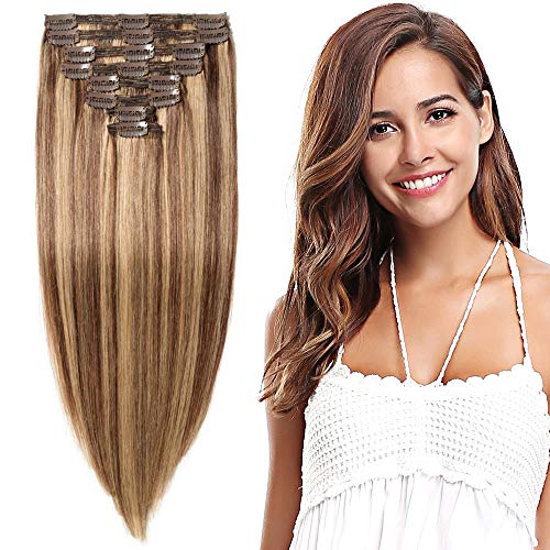 Elailite Extensiones de Clip de Pelo Naturel Remy Cabello - 25 cm 110g #4P27 Marrón Medio Mecha Rubio Oscuro [Max Grueso] 8 Piezas Mecha Humano Human Hair Double Weft
