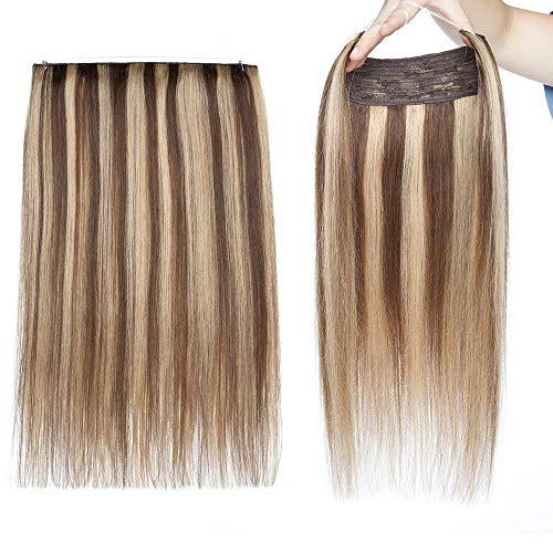 Elailite Postizos de Pelo Natural Extensiones Hilo Invisible Lisa Cabello Humano Remy Human Hair - 50 cm (110 g) #4P27 Marrón Medio Mecha Rubio Oscuro [Grueso Max]