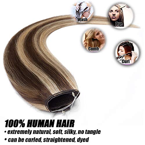 Elailite Postizos de Pelo Natural Extensiones Hilo Invisible Lisa Cabello Humano Remy Human Hair - 50 cm (110 g) #4P27 Marrón Medio Mecha Rubio Oscuro [Grueso Max]
