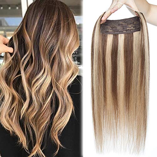 Elailite Postizos de Pelo Natural Extensiones Hilo Invisible Lisa Cabello Humano Remy Human Hair - 50 cm (110 g) #4P27 Marrón Medio Mecha Rubio Oscuro [Grueso Max]