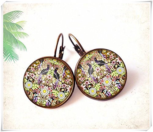 Elf House Pendientes de tuerca de cabujón con diseño de flores de cristal color morado esmaltado.