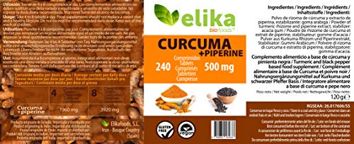 Elikafoods- Curcuma,Turmeric con pimienta negra (piperine) 240 comprimidos de 500 mg/ 1 unidad 120 gramos