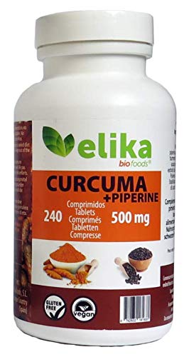 Elikafoods- Curcuma,Turmeric con pimienta negra (piperine) 240 comprimidos de 500 mg/ 1 unidad 120 gramos
