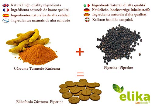Elikafoods- Curcuma,Turmeric con pimienta negra (piperine) 240 comprimidos de 500 mg/ 1 unidad 120 gramos