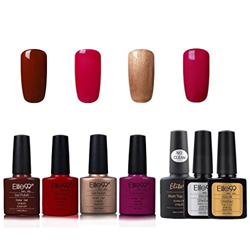 Elite99 Esmalte de Uñas Semipermanente Uñas de Gel UV LED Kit de Manicura 7pcs con Base Coat Top Coat de Brillo y Top Coat de Mate Pintauñas Soak off - Kit 010