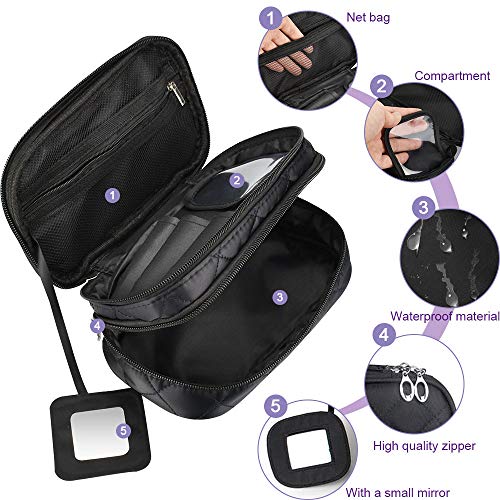 EMAGEREN Bolsa de Maquillaje con Espejo para Mujer Bolsa de Cosmetico para Viaje Bolsa de Maquillaje Pequeñas Neceser de Maquillaje para Mujer Bolsa de Aseo de Double Capas, 20 * 12 * 8 cm, Negro