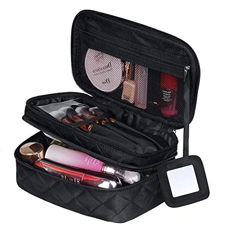 EMAGEREN Bolsa de Maquillaje con Espejo para Mujer Bolsa de Cosmetico para Viaje Bolsa de Maquillaje Pequeñas Neceser de Maquillaje para Mujer Bolsa de Aseo de Double Capas, 20 * 12 * 8 cm, Negro