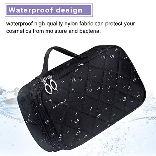 EMAGEREN Bolsa de Maquillaje con Espejo para Mujer Bolsa de Cosmetico para Viaje Bolsa de Maquillaje Pequeñas Neceser de Maquillaje para Mujer Bolsa de Aseo de Double Capas, 20 * 12 * 8 cm, Negro