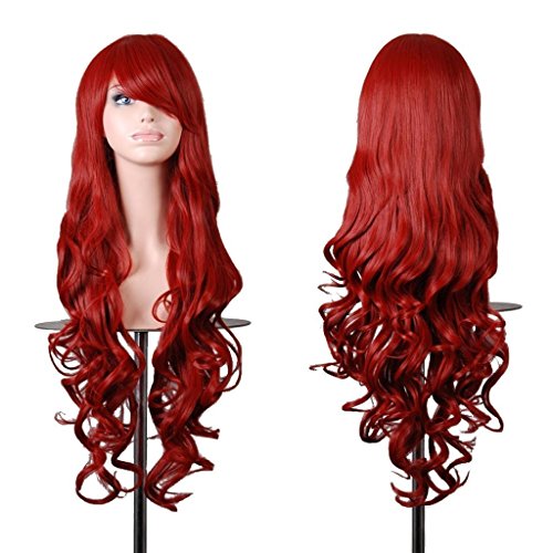 EmaxDesign de las pelucas 80cm calidad de alta largo completo de las mujeres pelo rizado pelo ondulado mechas prueba calor con pelo rulos libre peluca peine(color:rojo oscuro)