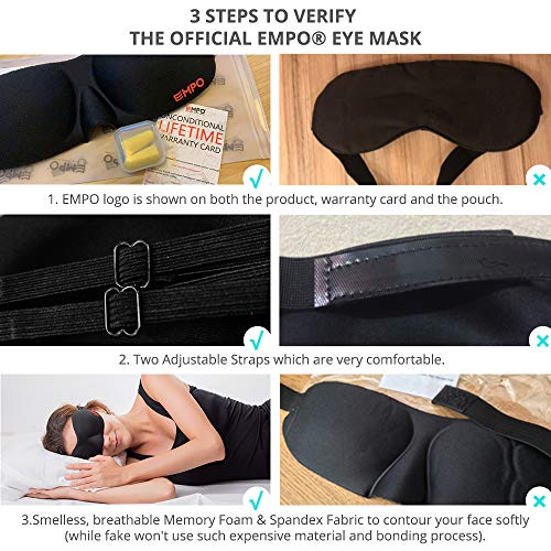 EMPO Máscara para Dormir Máscara para los Ojos Cubierta de Espuma Inteligente Blanda con Tapones para los oídos Gratis – Ultra Liviana y cómoda, Permite pestañear y Respirar libremente