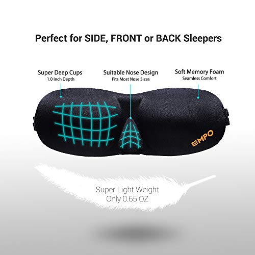 EMPO Máscara para Dormir Máscara para los Ojos Cubierta de Espuma Inteligente Blanda con Tapones para los oídos Gratis – Ultra Liviana y cómoda, Permite pestañear y Respirar libremente