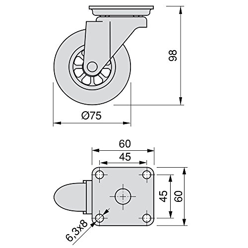 Emuca 2036120 Lote de 4 ruedas pivotantes transparentes para mueble 2 sin freno 75mm con placa de montaje y rodamiento de bolas, Diámetro 75 mm
