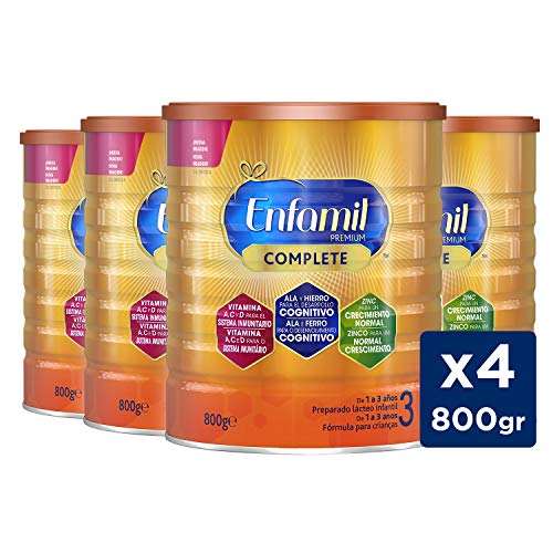 Enfamil Complete 3 - Leche Infantil de Continuación para Lactantes Niños de 1 a 3 Años, Pack Mensual 4 latas x 800 gr