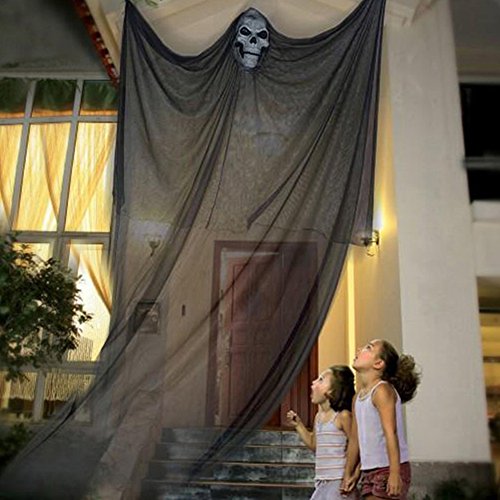 Enjoygoeu Halloween Decoraciones Exterior Colgantes Cortina Fantasma para Fiesta Esqueleto Demoniocon Diseño Calavera Gigante Colgar al Aire Libre Patio Holiday (Negro)