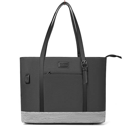 Eono 17.3 pulgadas Tote Bolsa,Bolso de Mano para Computadora Portátil con Puerto de Carga USB Funda Protectora de Hombro Liviano de Poliéster para Trabajo Negocios Escuela Colegio Viajes, Negro y Gris