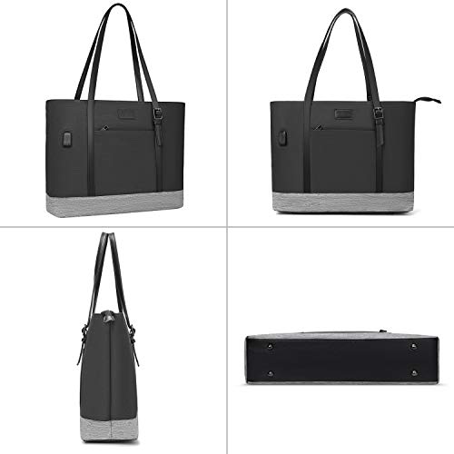 Eono 17.3 pulgadas Tote Bolsa,Bolso de Mano para Computadora Portátil con Puerto de Carga USB Funda Protectora de Hombro Liviano de Poliéster para Trabajo Negocios Escuela Colegio Viajes, Negro y Gris