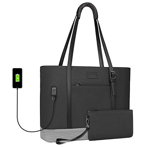 Eono 17.3 pulgadas Tote Bolsa,Bolso de Mano para Computadora Portátil con Puerto de Carga USB Funda Protectora de Hombro Liviano de Poliéster para Trabajo Negocios Escuela Colegio Viajes, Negro y Gris