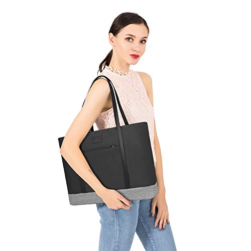 Eono 17.3 pulgadas Tote Bolsa,Bolso de Mano para Computadora Portátil con Puerto de Carga USB Funda Protectora de Hombro Liviano de Poliéster para Trabajo Negocios Escuela Colegio Viajes, Negro y Gris