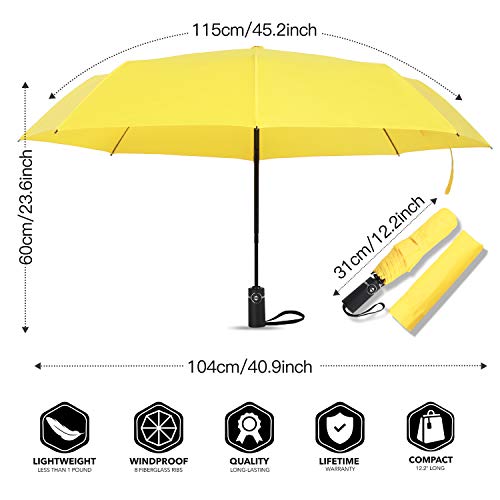 Eono by Amazon - Paraguas Plegable Automático Impermeable, Paraguas de Viaje Compacto a Prueba de Viento, Folding Umbrella, Recubrimiento de Teflón, Dosel Reforzado, Mango Ergonómico, Amarillo