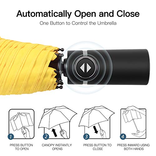 Eono by Amazon - Paraguas Plegable Automático Impermeable, Paraguas de Viaje Compacto a Prueba de Viento, Folding Umbrella, Recubrimiento de Teflón, Dosel Reforzado, Mango Ergonómico, Amarillo