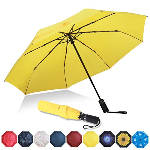 Eono by Amazon - Paraguas Plegable Automático Impermeable, Paraguas de Viaje Compacto a Prueba de Viento, Folding Umbrella, Recubrimiento de Teflón, Dosel Reforzado, Mango Ergonómico, Amarillo