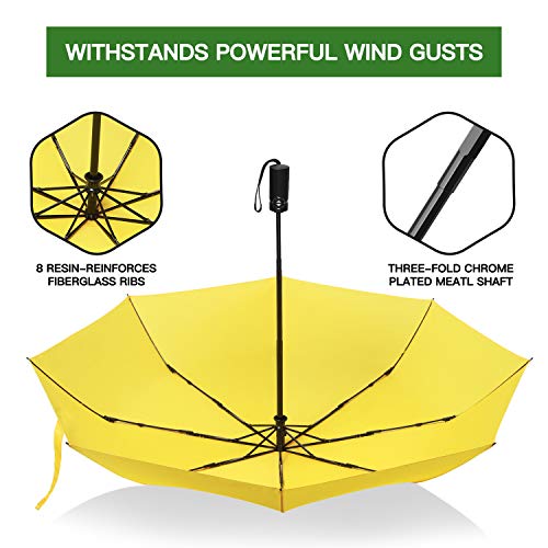 Eono by Amazon - Paraguas Plegable Automático Impermeable, Paraguas de Viaje Compacto a Prueba de Viento, Folding Umbrella, Recubrimiento de Teflón, Dosel Reforzado, Mango Ergonómico, Amarillo