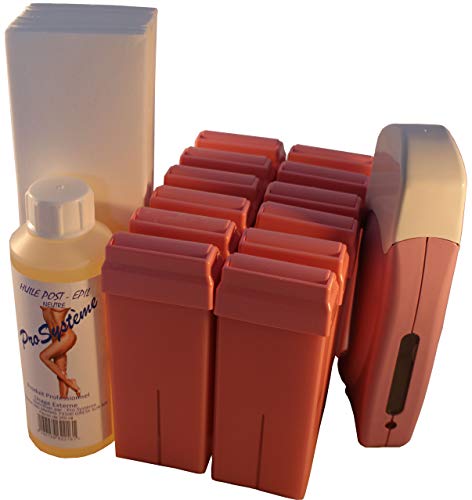 Epilwax Kit Depilacion Calentador de Cera Roll On Tibia Fundidor Electrico Profesional Easy Wax Depilación con Bandas : con 12 Cartuchos roll-on de Cera Rosa de 100 ml, 1 Paquete de 100 Bandas Depilatorias y una botella de 250 ml de aceite post- Depilacio