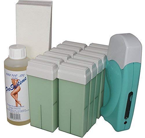 Epilwax Kit Depilacion Calentador de Cera Roll On Tibia Fundidor Electrico Profesional Easy Wax Depilación con Bandas : con 12 Cartuchos roll-on de Cera Aléo Vera de 100 ml, 1 Paquete de 100 Bandas Depilatorias y una botella de 250 ml de aceite post- Depi