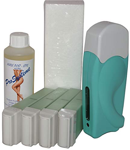 Epilwax Kit Depilacion Calentador de Cera Roll On Tibia Fundidor Electrico Profesional Easy Wax Depilación con Bandas : con 4 Cartuchos roll-on de Cera Aléo Vera de 100 ml, 1 Paquete de 100 Bandas Depilatorias y una botella de 250 ml de aceite post- Depil