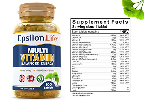 Epsilon Complejo Multivitaminas con Minerales - 100 Comprimidos - Fórmula Equilibrada Para Aumentar la Energía y la Vitalidad - Multivitamínico - Polivitamínico - Vitaminas