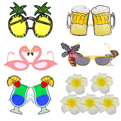 EQLEF Gafa Hawaiana Novedad Gafas de Vestir temática Tropical Fiesta Bolsa Piña Flamingo Gafas de Cerveza con Pinzas de Pelo de Fiesta para decoración y diversión