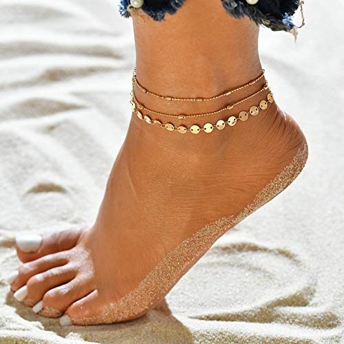 ERFHJ Summer Double Layers Gold Metal Shell Coconut Tree Tobilleras Femeninas Sandalias Descalzas Tobilleras de pie Pulseras de Tobillo en el pie, BB345