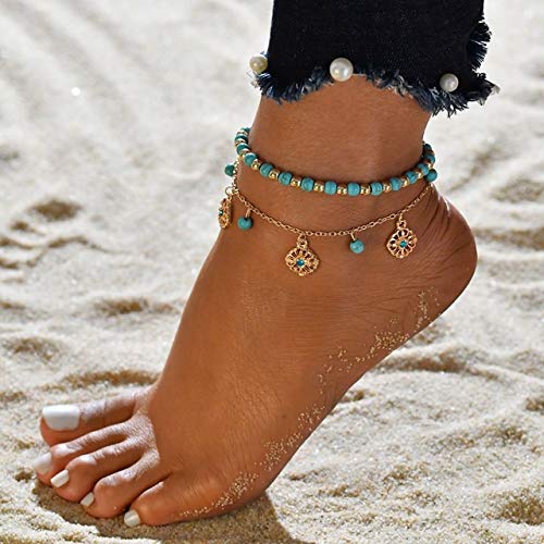 ERFHJ Summer Double Layers Gold Metal Shell Coconut Tree Tobilleras Femeninas Sandalias Descalzas Tobilleras de pie Pulseras de Tobillo en el pie, BB345