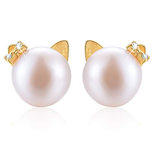 Esberry Pendientes de plata de ley 925 chapado en oro de 18 quilates con perlas blancas de agua dulce natural pendientes hipoalergénicos para mujeres y niñas
