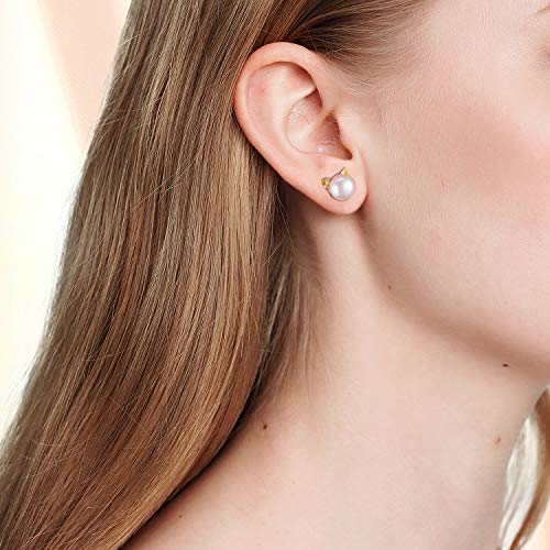 Esberry Pendientes de plata de ley 925 chapado en oro de 18 quilates con perlas blancas de agua dulce natural pendientes hipoalergénicos para mujeres y niñas