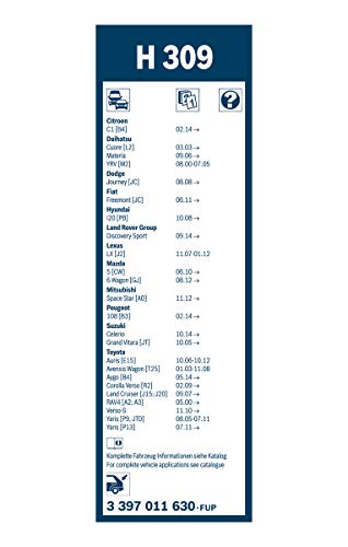 Escobilla limpiaparabrisas Bosch Rear H309, Longitud: 300mm – 1 escobilla limpiaparabrisas para la ventana trasera