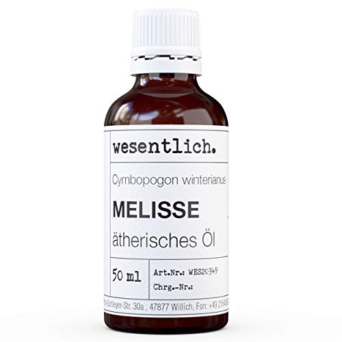 Esencial. Aceite de melisa – Aceite esencial – 100% natural (botella de cristal) – entre otros, para lámpara aromática y difusor (50 ml)