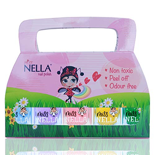 Esmalte de uñas para niños, Miss Nella Springs It On, Lote de 5 Barnices - Azul-campana, Lila-alas de mariposa, Rosa-conejito, Amarillo-miel, Verde-besa la rana.