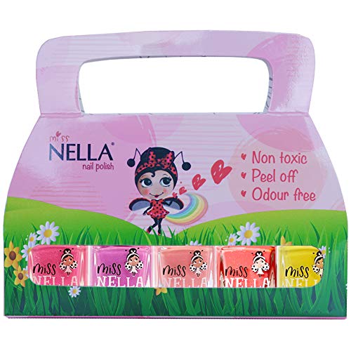 Esmalte de uñas para niños, Miss Nella SUMMER SPARKLE, Lote de 5 Barnices - rosa, melocotón, amarillo, morado, rosa