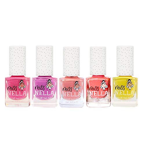 Esmalte de uñas para niños, Miss Nella SUMMER SPARKLE, Lote de 5 Barnices - rosa, melocotón, amarillo, morado, rosa