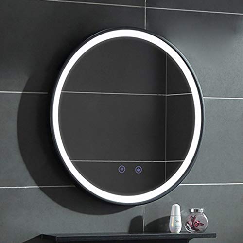 Espejo de baño Espejo de Baño LED Marco Negro Arte de Hierro Redondo Montado en La Pared Espejo De Vestir Interruptor Táctil/Antivaho, Luz Blanca Espejo de Maquillaje