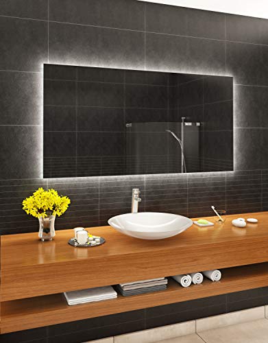 Espejo de baño moderno e iluminado, fabricado a medida con marco luminoso LED