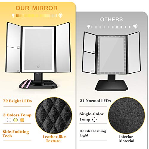 Espejo de maquillaje con luces – 3 modos de iluminación de color 72 LED triple espejo, diseño de control táctil, aumento de 1x/2x/3x, espejo portátil de alta definición iluminado cosmético (negro)