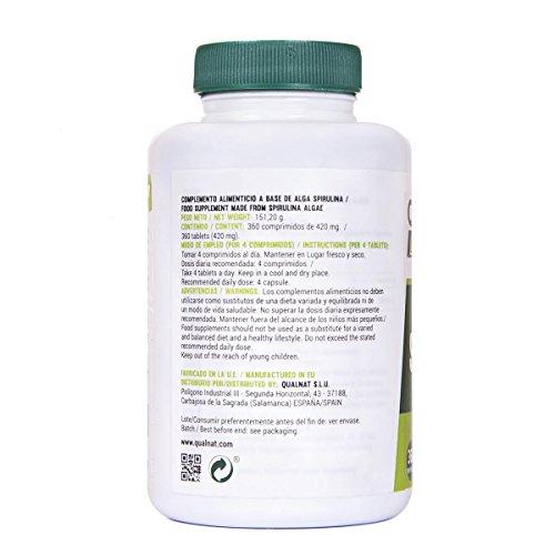 Espirulina Comprimidos | Saciante + Proteina + Vitaminas | Más Energía y Vitalidad | Mejora tú Rendimiento Deportivo |100% Natural | Spirulina 360 Comprimidos- Qualnat