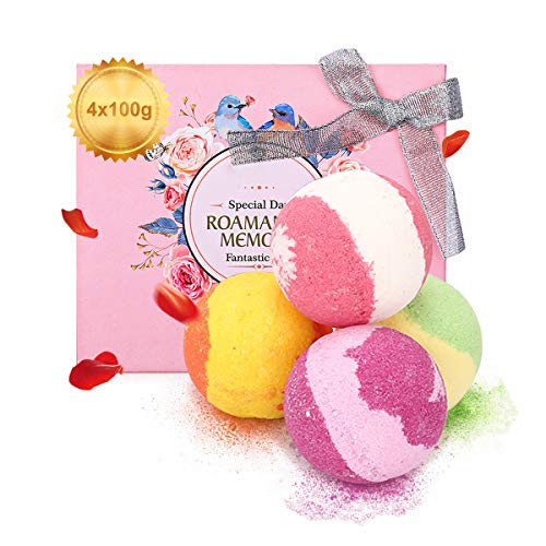 Essort Set de Regalo de Bombas de Baño, Regalo de San Valentín, 4 × 100g Aromaterapia de Baño Bolas Bath Bombs Efervescentes, Sal Bombas de Baño, Idea de Regalo para Mamá y Novia