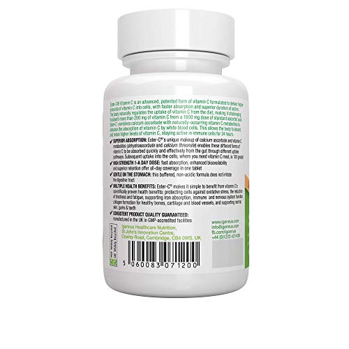 Ester-C 1400mg, Vitamina C 1000mg de alta absorción, 24 horas de soporte al sistema inmunológico, vegan, 60 comprimidos