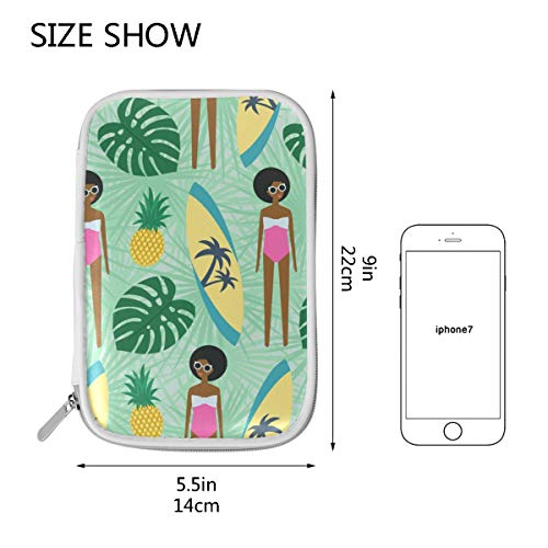 Estuche de lápices Bolsa de cosméticos de cuero Niña africana Horario de verano Playa Hoja de palma Organizador de piña Gran capacidad para la escuela de viajes