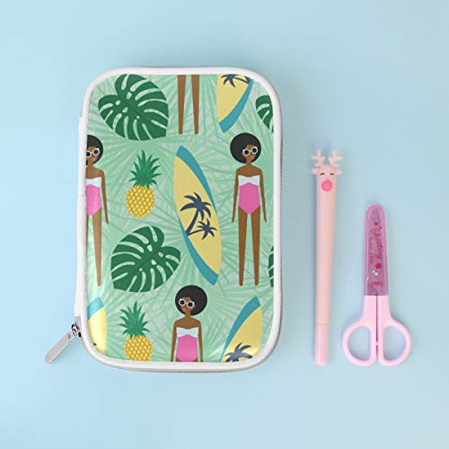 Estuche de lápices Bolsa de cosméticos de cuero Niña africana Horario de verano Playa Hoja de palma Organizador de piña Gran capacidad para la escuela de viajes