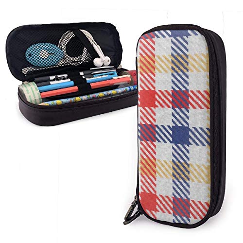 Estuche para lápices a cuadros de cuadros vichy tricolor rojo, amarillo y azul, estuche para lápices de gran capacidad, organizador de papelería para oficina escolar, multifunción